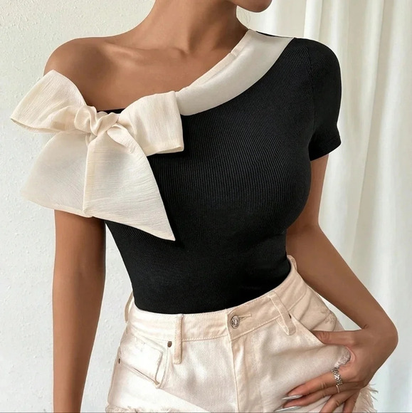 Tops - Summer Short Sleeve Slim Fit T-Shirt With Asymmetrical Collar And Color Block